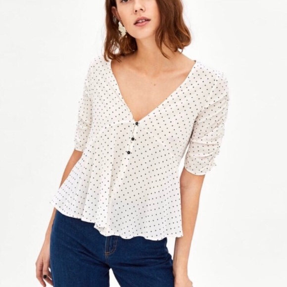 Zara Tops - Zara White and Black Polka Dot Peplum Blouse